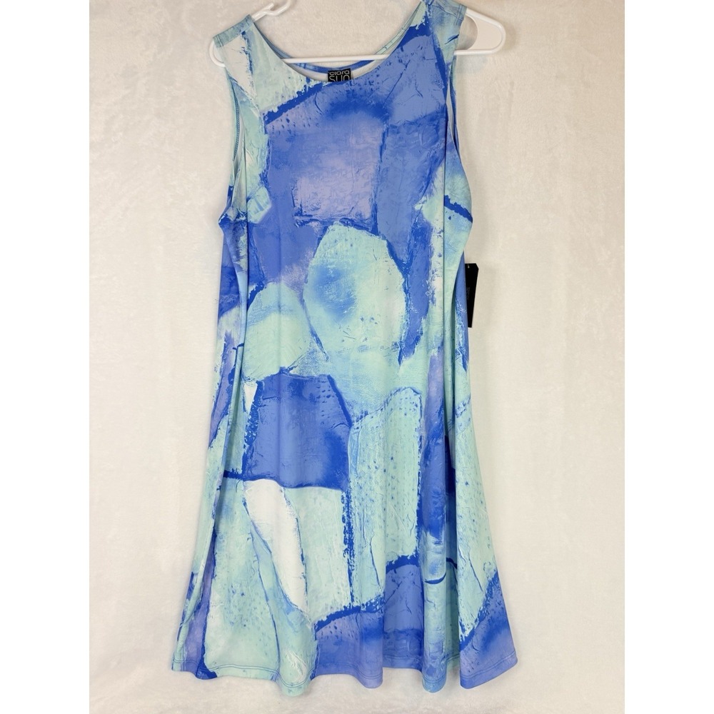 Clara SunWoo Blue Water Splash Abstract Swing Dress L Sleeveless Stretch Travel